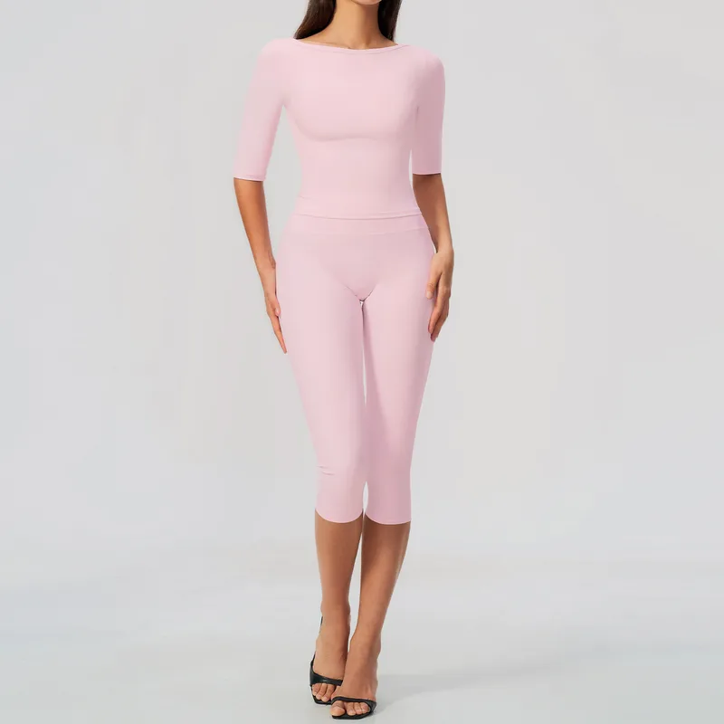Women's Short Sleeve Crop Top Capri Leggings Set